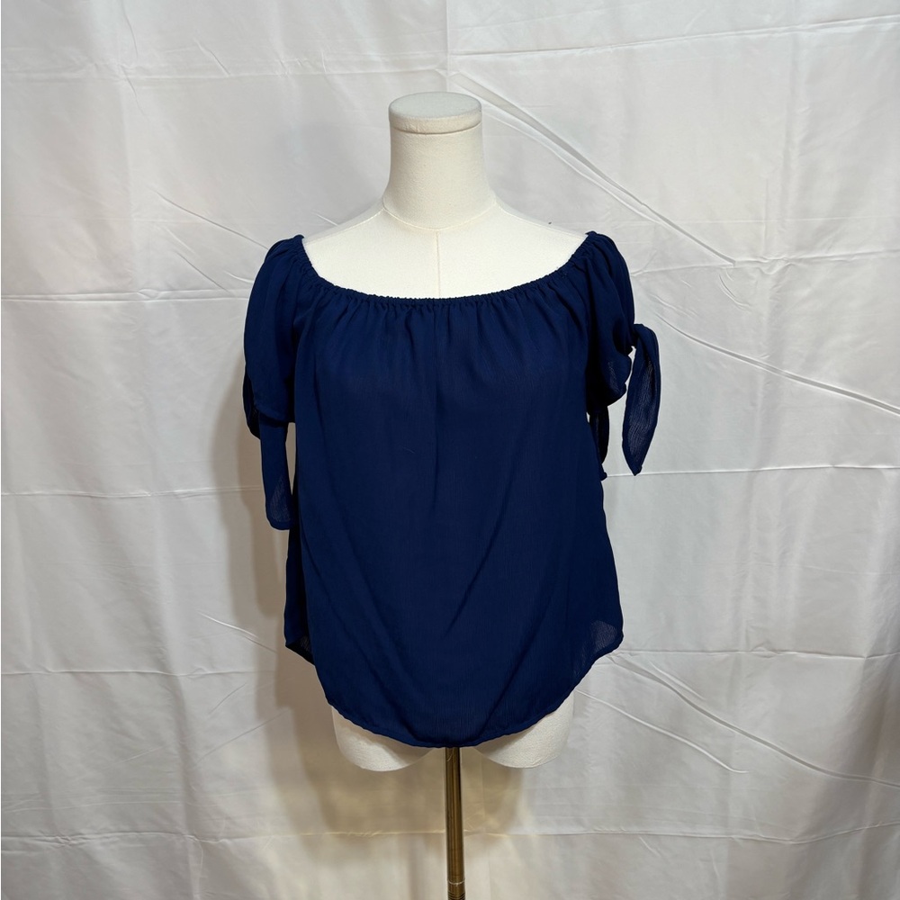 Mine Navy Off Shoulder Boho Blouse Tie Sleeve Peasant Top Size M